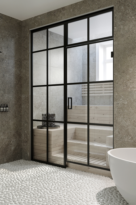 Bastu glasvägg med fast panel på handtagsidan och fönster ovanför dörren Bläk 681 Paris