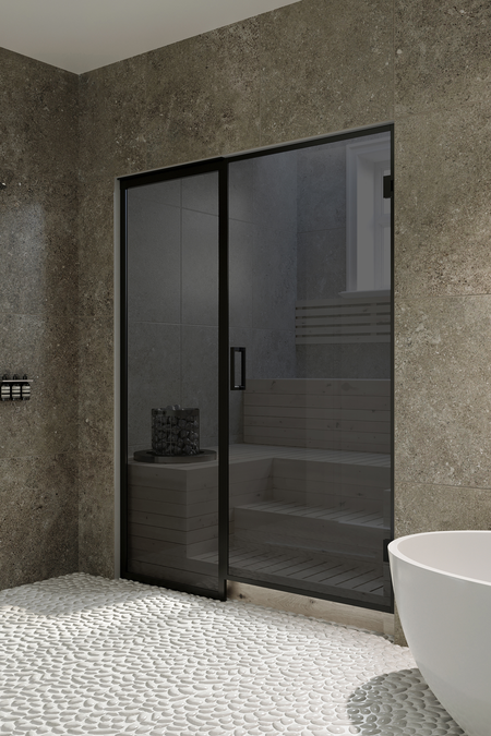 Saunan lasiseinä vedinpuolen sivulasilla Bläk 676 New York