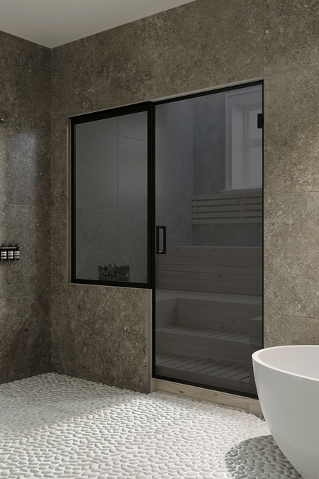 Sauna glass wall with window on handle side Bläk 682 New York