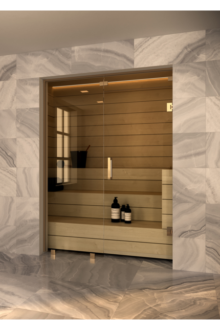 Sauna glass wall with fixed panel on handle side and window above door Vetro S56