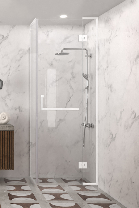 Kehystetty suihkunurkka kiinteällä seinällä ja ovella jossa kiinteä osa Vetro 525