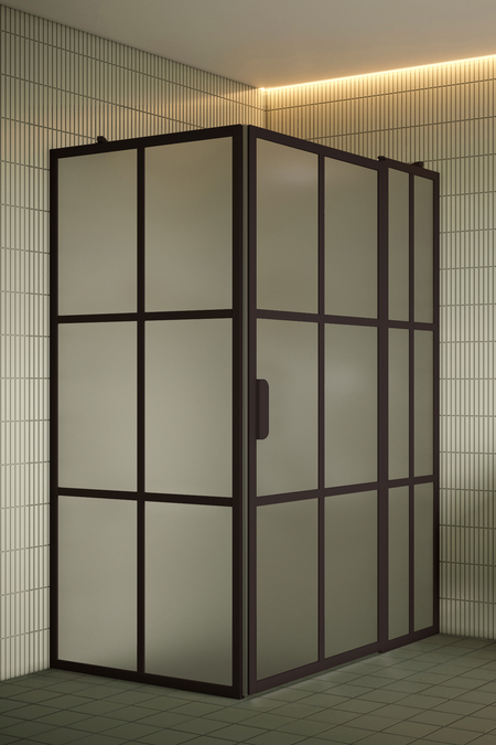 Shower enclosure with a fixed wall and a hinged door with a fixed part Bläk 766 Paris
