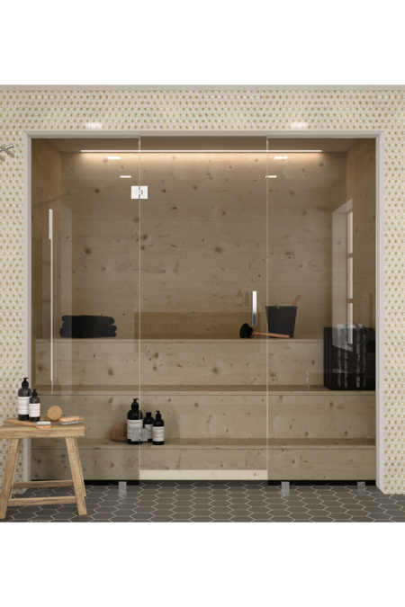 Sauna glass wall with fixed panel on handle side and hinge side Classic 647