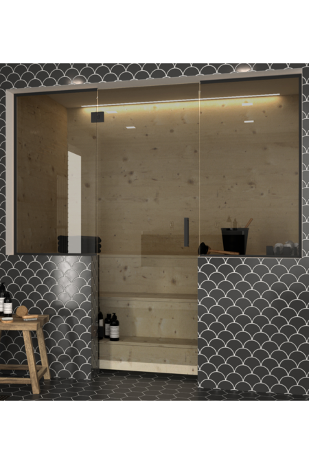 Saunan lasiseinä vedin- ja saranapuolen sivuikkunoilla Classic 649